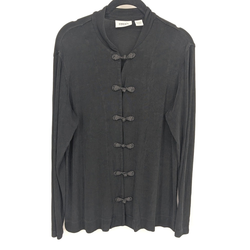 Chicos Travelers Sweater Women Large Black Long Sleeve Frog Knot Button Vacation